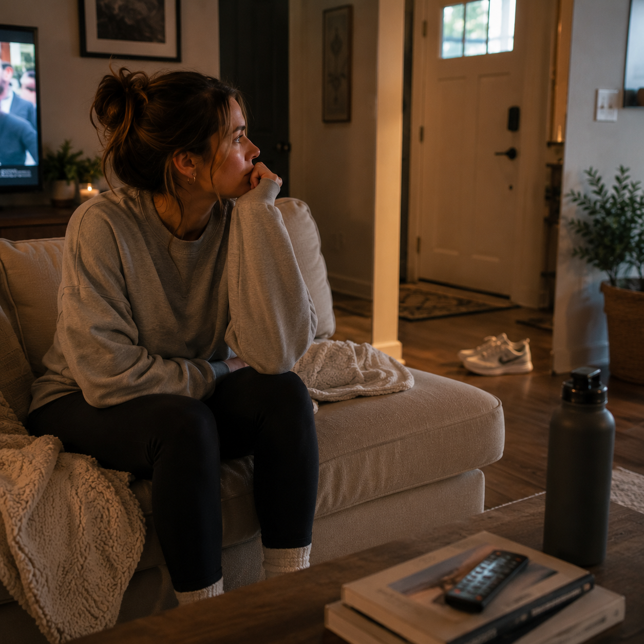 Woman sitting on a couch looking at a television