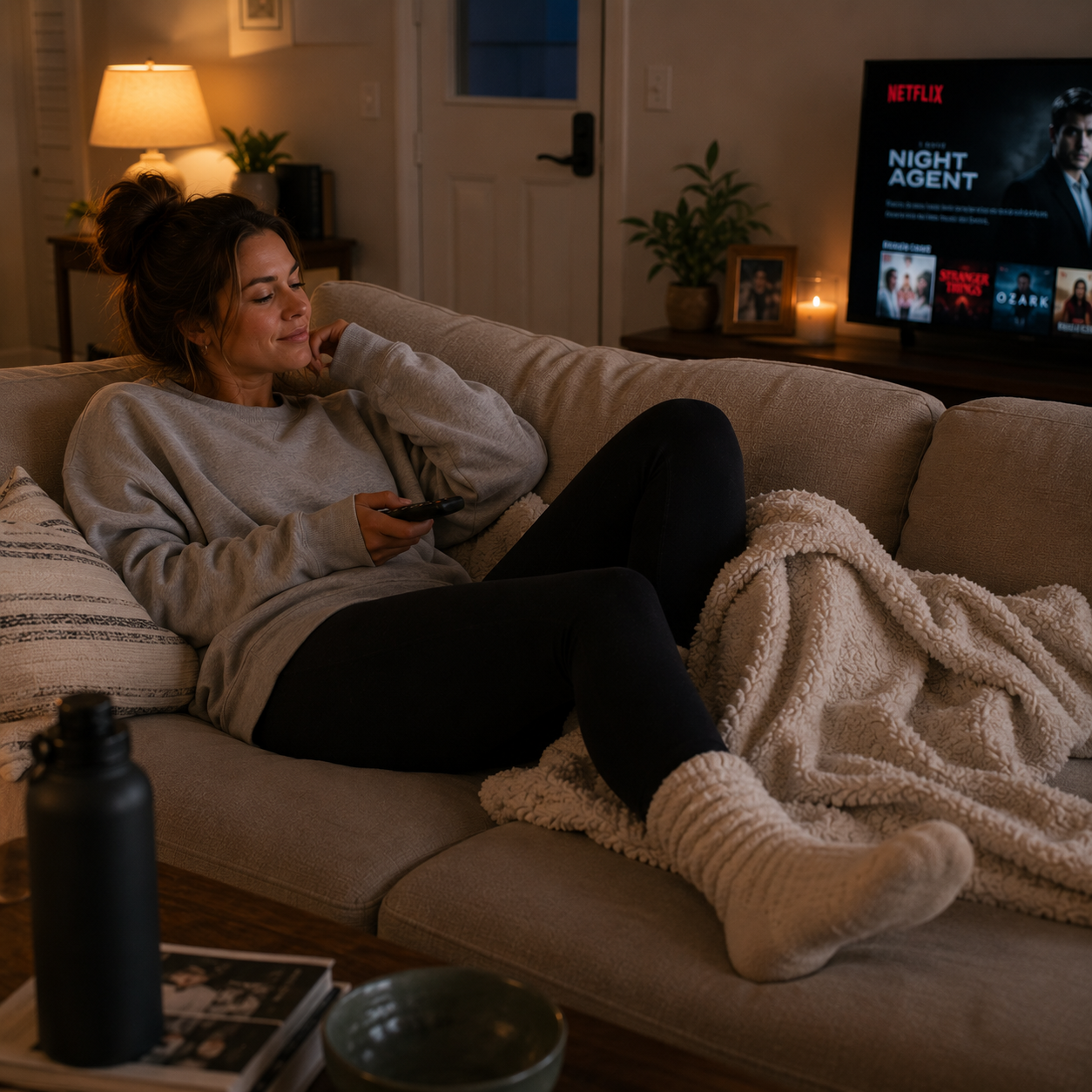 Woman relaxing on a couch watching Netflix
